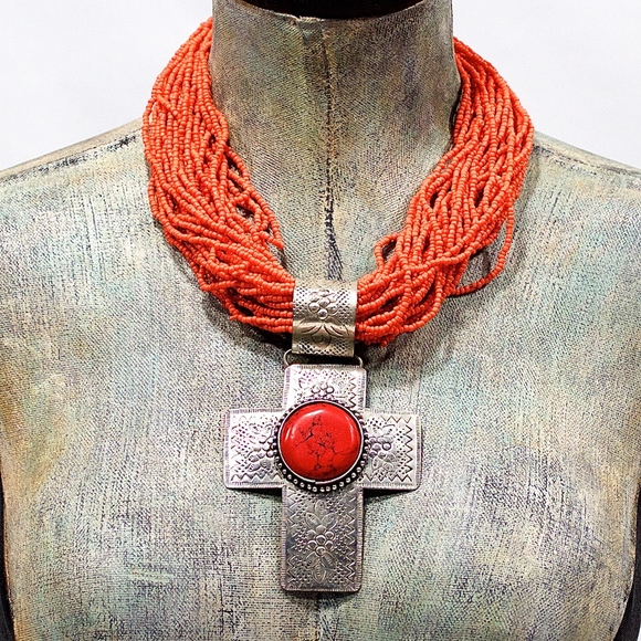 VTG 90's Large Beaded Silver Brass Cross Necklace - Picture 3 of 4